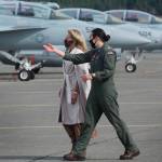 First lady Jill Biden, left, is given a tour of a Growler aircraft by Naval Aviator Lt. Cate Oakley, Tuesday, March 9, 2021, at Naval Air Station Whidbey Island in Oak Harbor, Wash. (Ken Lambert /The Seattle Times via AP, Pool)