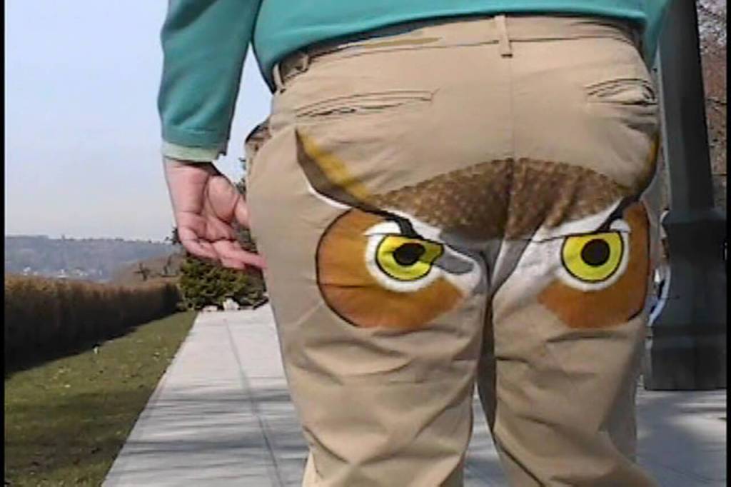 Bill Jones invented Winkers, decorative pants that appear to wink from behind as the wearer walks. These pants depict an owl. (Winkers)