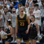 Shorecrests Parker Baumann reacts to a foul called against him during the game against Arlington on Tuesday, Dec. 14, 2021 in Arlington, Wa. (Olivia Vanni / The Herald)
