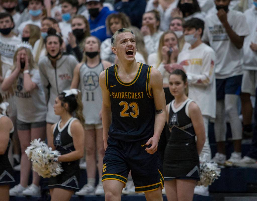 Shorecrests Parker Baumann reacts to a foul called against him during the game against Arlington on Tuesday, Dec. 14, 2021 in Arlington, Wa. (Olivia Vanni / The Herald)