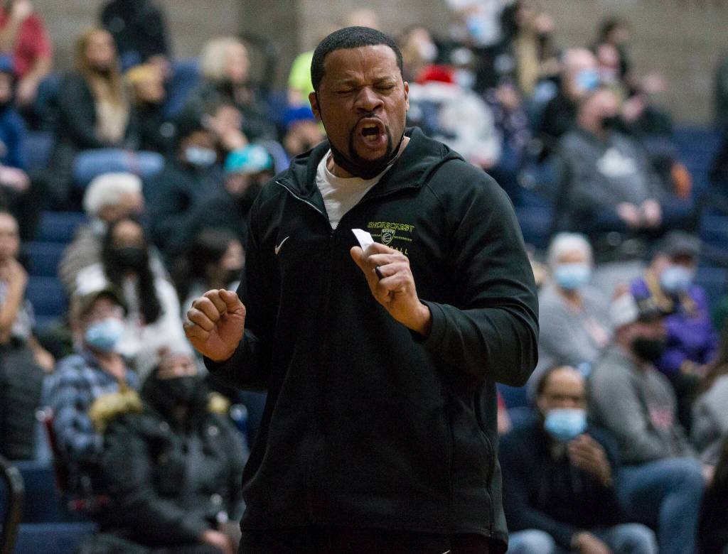 Shorecrests head coach Eddie George reacts to a foul call against one of his players during the game against Arlington on Tuesday, Dec. 14, 2021 in Arlington, Wa. (Olivia Vanni / The Herald)