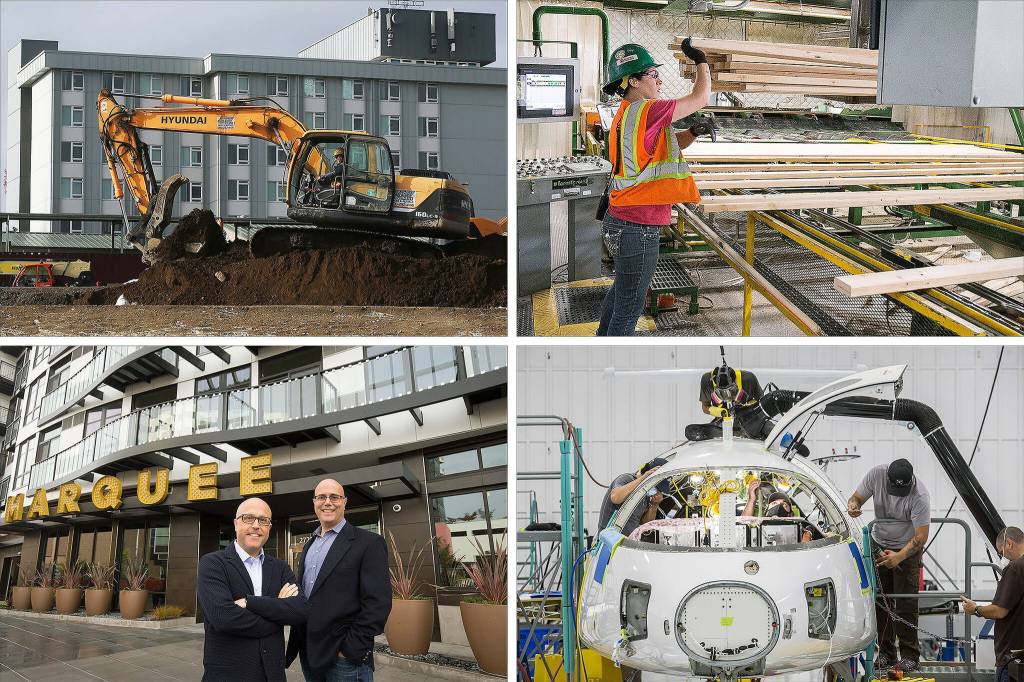 Clockwise from top left: An excavator moves dirt at the Baker Heights project, Jessica Ward runs a stacker at Hampton Mill, Workers build the first all-electric commuter plane at Eviation, and Craig and Andy Skotdal stand in front of the Marquee Apartments. (Andy Bronson / The Herald)