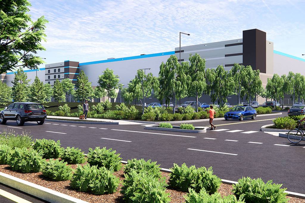 Project Roxy is a proposed 2.8 million square foot distribution center that would be built on a 75-acre parcel at the Cascade Industrial Center. The rendering depicts the proposed project at 4620 172nd Street in Arlington from a northwest perspective.