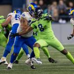 Seattle Seahawks defensive end Carlos Dunlap is pictured during the second half of an NFL football game against the Los Angeles Rams, Thursday, Oct. 7, 2021, in Seattle. The Rams won 26-17. (AP Photo/Stephen Brashear)