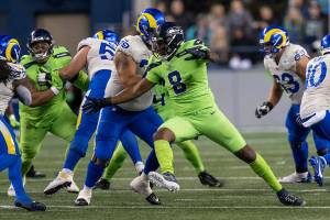 Seattle Seahawks defensive end Carlos Dunlap is pictured during the second half of an NFL football game against the Los Angeles Rams, Thursday, Oct. 7, 2021, in Seattle. The Rams won 26-17. (AP Photo/Stephen Brashear)