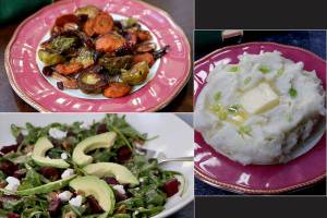 Clockwise from top left: Holiday roasted vegetables, silky mashed potatoes and roasted beet goat cheese salad. (St. Louis Post-Dispatch)