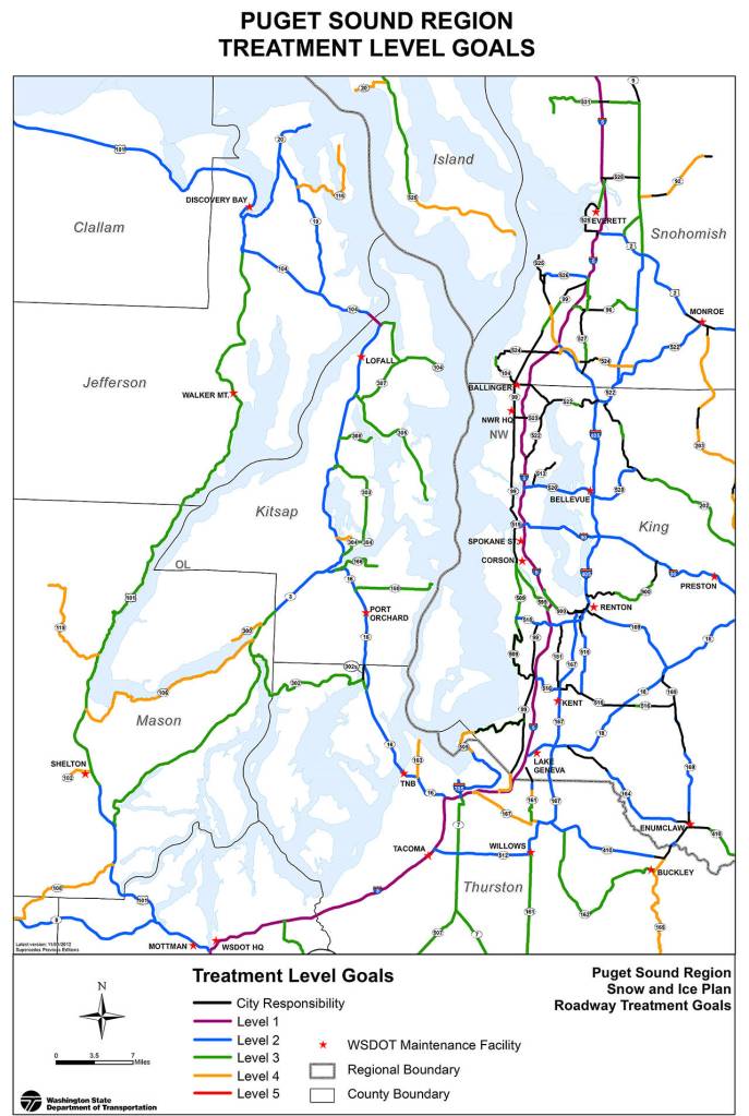 The Washington State Department of Transportations priority goals for treating highways during ice and snow for the Puget Sound region. Purple lines mark the highest priority, followed by blue, green, orange, red and black. (WSDOT)