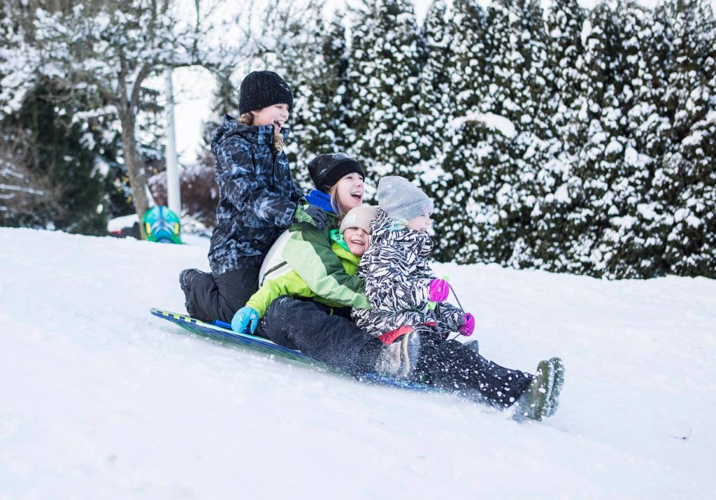 The Hansen family sleds down a hill in the View Ridge neighborhood Monday in Everett. (Olivia Vanni / The Herald)