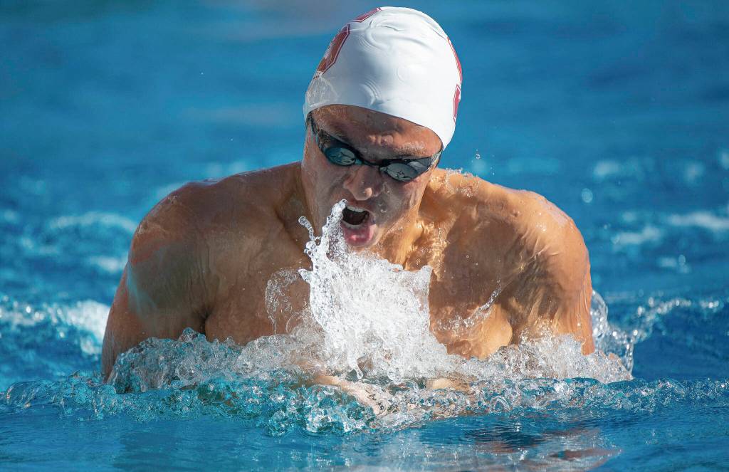 Stanford swimmer Jon Cook, a Jackson High School graduate, competes during a meet against Utah in 2018 at the Avery Aquatic Center in Stanford, Calif. (John Todd / ISI Photos)