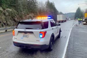 Police respond to a multi-vehicle collision Tuesday morning on northbound I-5 at N Lake Samish, south of Bellingham. One man was killed. (Washington State Patrol)