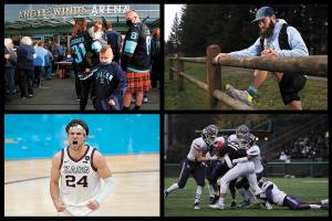 Top left: Kraken fans line up for the team's exhibition game in Everett on Oct. 1. Top right: Lake Stevens resident Austin Johnson stretches while preparing for a 24-hour run to bring awareness to suicide prevention on Feb. 20. Bottom left: Edmonds native and Gonzaga star Corey Kispert celebrates during an NCAA Tournament game on April 3. Bottom right: Lake Stevens defenders tackle an Eastlake ball-carrier during a playoff game on Nov. 27. (Herald file)