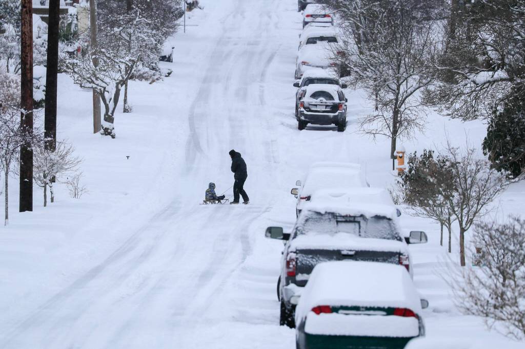 Cars and streets are blanketed in snow Sunday afternoon in Everett. (Kevin Clark / The Herald)