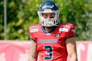 Max Gray during a game with the Calanda Broncos of the Swiss Nationalliga A. (Sergio Brunetti / Stockpix.it)
