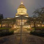 The sundial near the Legislative Building is shown just after dusk Dec. 21 at the Capitol in Olympia. (AP Photo/Ted S. Warren)