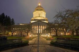 The sundial near the Legislative Building is shown just after dusk, Tuesday, Dec. 21, 2021, at the Capitol in Olympia, Wash. Tuesday was Winter Solstice and the shortest day of the year. Although it wasn't visible in the sky, the sun set just before 4:30 p.m. Tuesday. (AP Photo/Ted S. Warren)