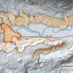 Lidar imagery enables geologists to accurately identify landslides, such as the area around the Highway 530 Oso landslide. In this area, lidar data show prehistoric landslides in beige along the North Fork Stillaguamish River. The darker-shaded, outlined area is the extent of the March 2014 Oso landslide. (Daniel Coe/Washington State Department of Natural Resources)