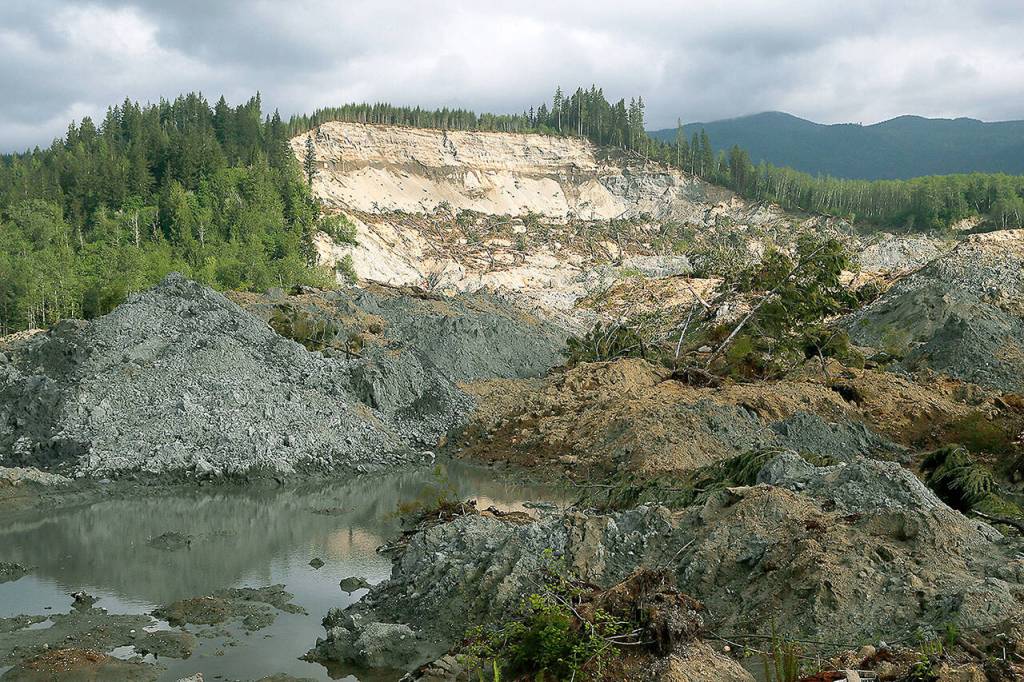 The Oso mudslide is seen in the morning light on May 16, 2014. (Dan Bates / Herald file)