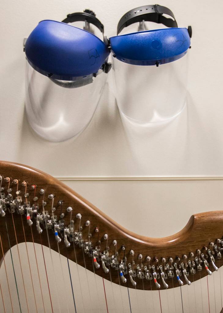 April Mitchells harp sits in the corridor outside of a patients room at Providence Regional Medical Center Everett on Dec. 17, 2021. (Olivia Vanni / The Herald)