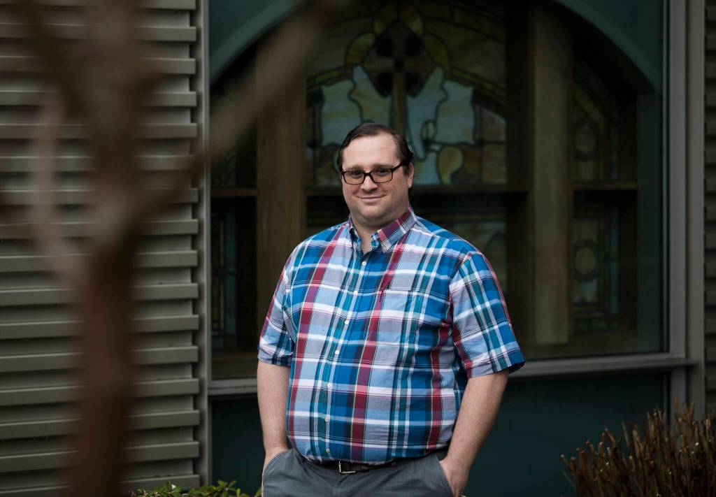 Josh Wilson, chaplin at Providence Regional Medical Center Everett, stands outside of the chapel. (Olivia Vanni / The Herald)