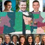 Top: Washington State Redistricting Commissioners (from left) April Sims, Brady Piñero Walkinshaw, Joe Fain, Paul Graves and Sarah Augustine. Center: Congressional map (left) and Legislative map. Bottom: Washington State Supreme Court Justices (from left) González, Gordon McCloud, Johnson, Whitener, Madsen, Montoya-Lewis, Owens, Stephens and Yu.