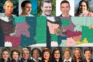 Top: Washington State Redistricting Commissioners (from left) April Sims, Brady Pinero Walkinshaw, Joe Fain, Paul Graves and Sarah Augustine. Center: Congressional map (left) and Legislative map. Bottom: Washington State Supreme Court Justices (from left) Gonzalez, Gordon McCloud, Johnson, Whitener, Madsen, Montoya Lewis, Owns, Stephens and Yu.