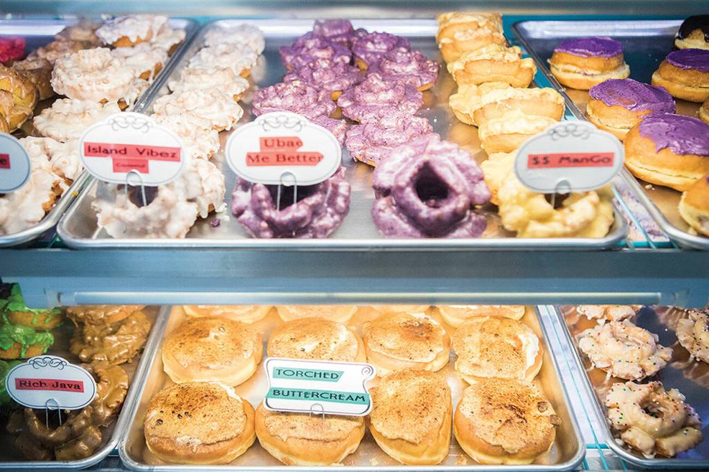 Zuris Donutz display case filled with an assortment of doughnuts on July 18, 2021 in Lynnwood. (Olivia Vanni / The Herald)