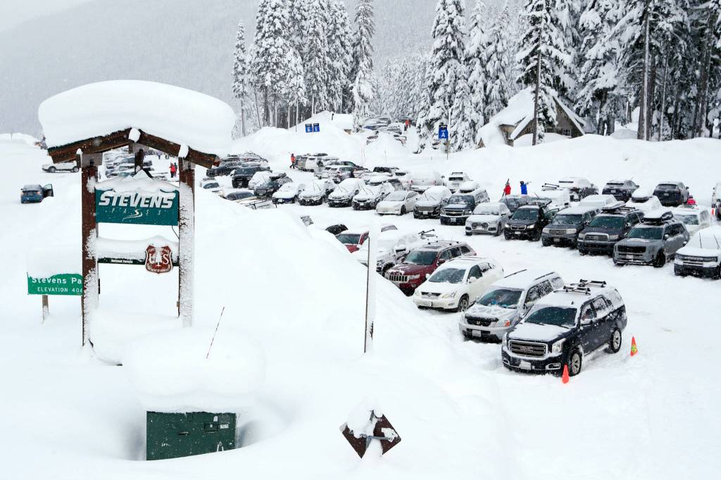 One of the parking lots at Stevens Pass on Dec. 30. (Kevin Clark / The Herald)