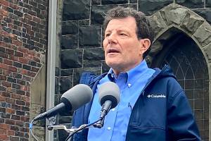 FILE - Former New York Times journalist Nicholas Kristof talks about his candidacy for governor of Oregon on Oct. 27, 2021, in Portland, Ore. Oregon's secretary of state ruled Thursday, Jan. 6, 2021, that Kristof is not eligible to run for governor. Questions about Kristof's residency had dogged him even before he announced his candidacy in October. According to Oregon law, a candidate must have been a resident of the state for at least three years before an election. (AP Photo/Sara Cline, File)