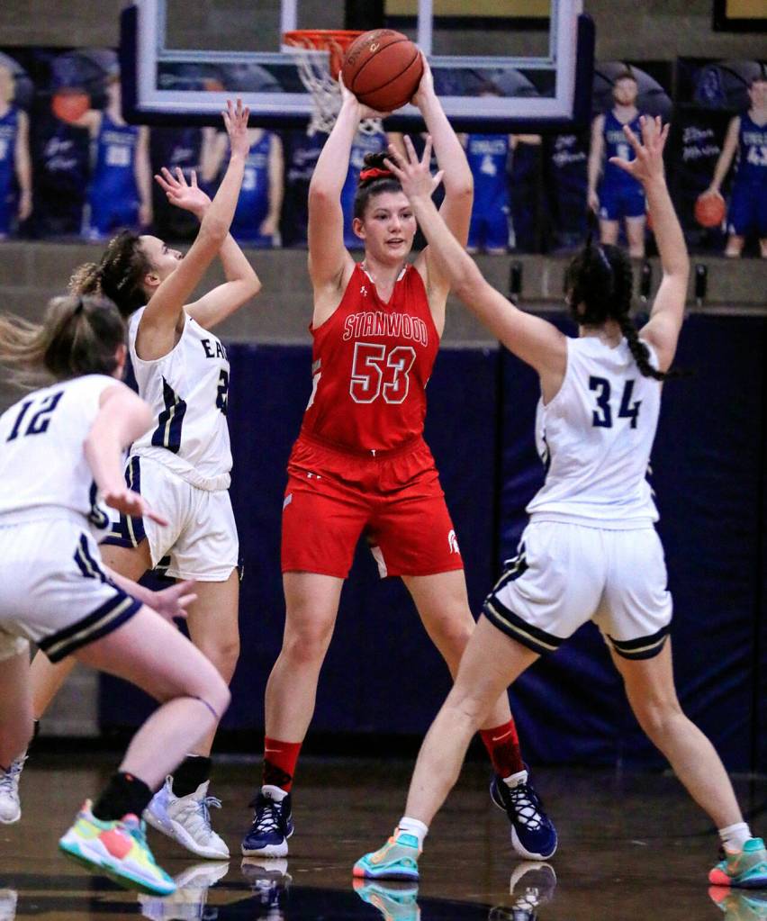 Stanwoods Vivienne Berrett faces off against Arlingtons defense at Arlington High School Saturday evening in Arlington, Washington on January 8, 2022. The Eagles won 57-47. (Kevin Clark / The Herald)
