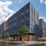 A rendering of the Compass Health Broadway Campus Redevelopment looks southwest at the building. The facility is planned for 82,000 square feet with a behavioral health clinic with a 16-bed inpatient center and a 16-bed crisis triage center. (Ankrom Moisan Architects)