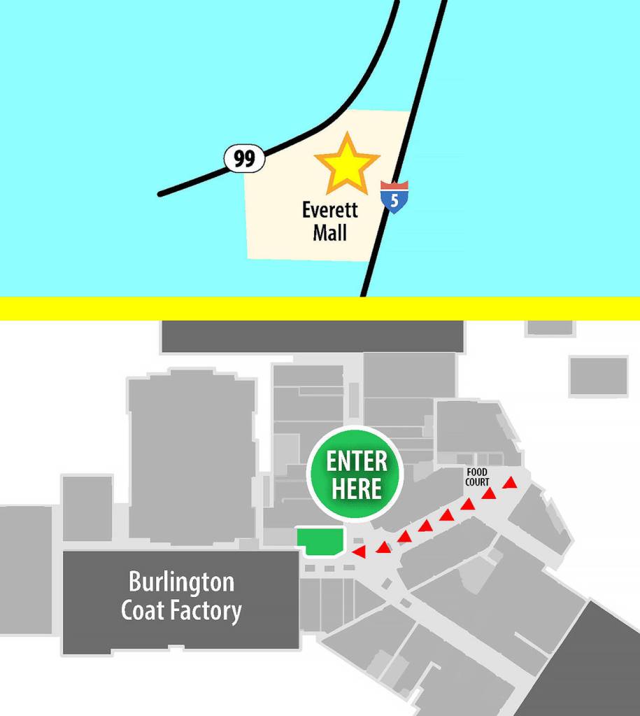 A new indoor COVID-19 vaccination clinic opens Jan. 18 at the Everett Mall, in the former Wet Seal store across from Bath and Body Works and near the Burlington Coat Factory. (Snohomish Health District)