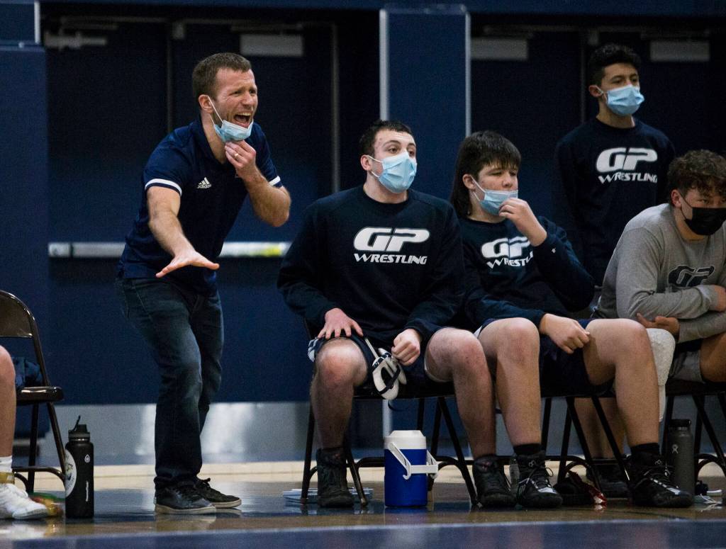 Glacier Peaks John Edmonds yells instructions during a match against Lake Stevens on Tuesday in Snohomish. (Olivia Vanni / The Herald)