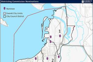 A map of city council districts and districting commission nominees put forth by the Everett City Council and mayor. (City of Everett)
