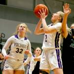 Lake Stevens Chloe Pattison attempts a shot with Jacksons Paige Swander trailing and Jacksons Arielle Leavens (far left) and Lake Stevens Cori Wilcox looking on Saturday evening at Lake Stevens High School. (Kevin Clark / The Herald)