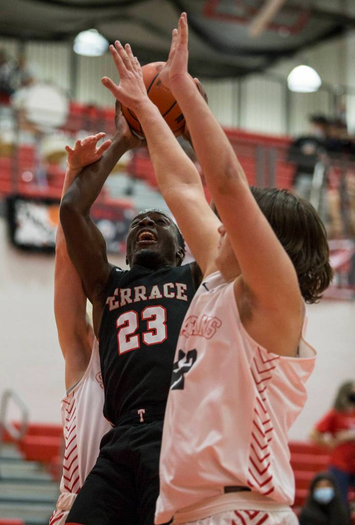Mountlake Terraces Jeffrey Anyimah yells as he gets fouled during Thursdays game in Stanwood. (Olivia Vanni / The Herald)