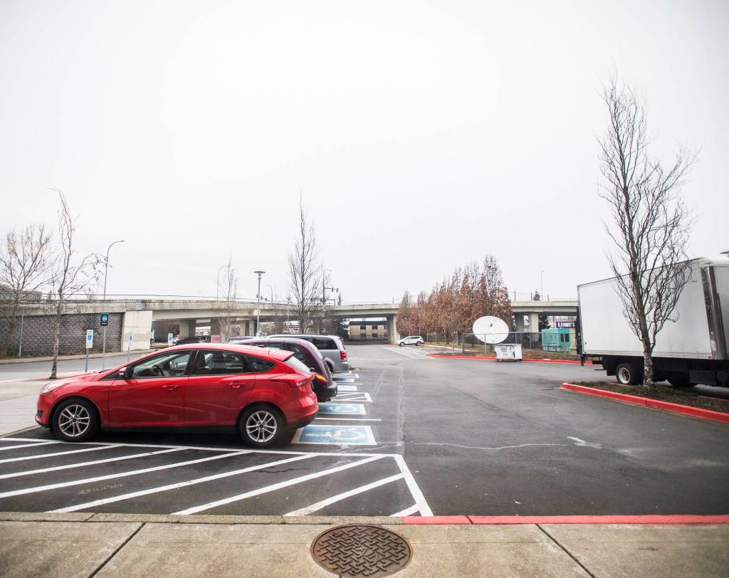 Per the lease, Bezos Academy is paying to turn 2,000 square feet of the parking lot north of the building into an outdoor play area. (Olivia Vanni / The Herald)