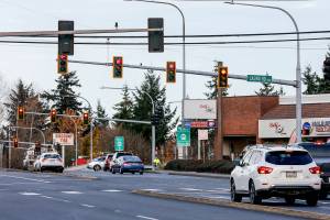 Northbound view of Evergreen Way at Casino Rd on Wednesday afternoon in Everett on November 17, 2021.    (Kevin Clark / The Herald)