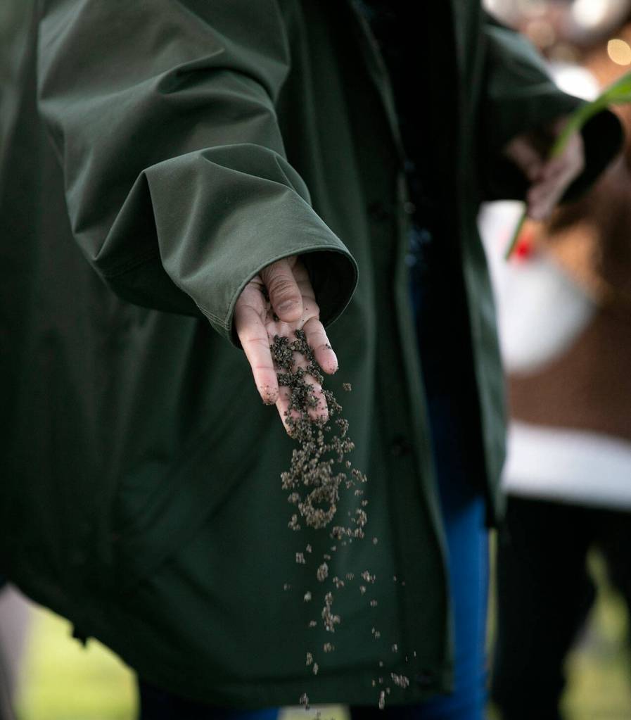A mourner spreads dirt onto the caskets of Adriana and Mariel Gil during the girls funeral Friday, Jan. 28, 2022, at Cypress Lawn Memorial Park in Everett. (Ryan Berry / The Herald)