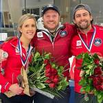 Edmonds native Sean Beighton (middle) poses with Vicky Persinger (left) and Chris Plys after a curling event. Beighton is coaching two U.S. curling teams at the 2022 Winter Olympics. (Photo courtesy of Sean Beighton)
