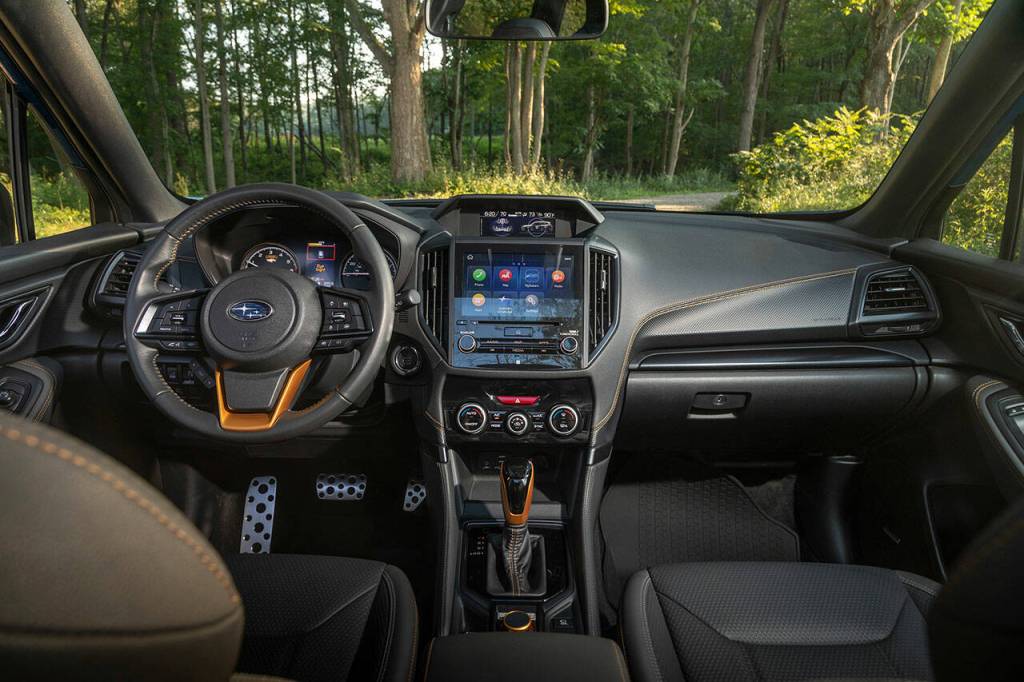 The 2022 Subaru Forester Wilderness interior is embellished with exclusive stitching and accent trim. Seats are made of durable StarTex water-resistant and breathable upholstery. (Manufacturer photo)