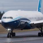 Boeing's 777X taxies down for its first flight from Paine Field to Boeing Field in Seattle, on Saturday, Jan. 25, 2020 in Everett, Wash. (Andy Bronson / The Herald)