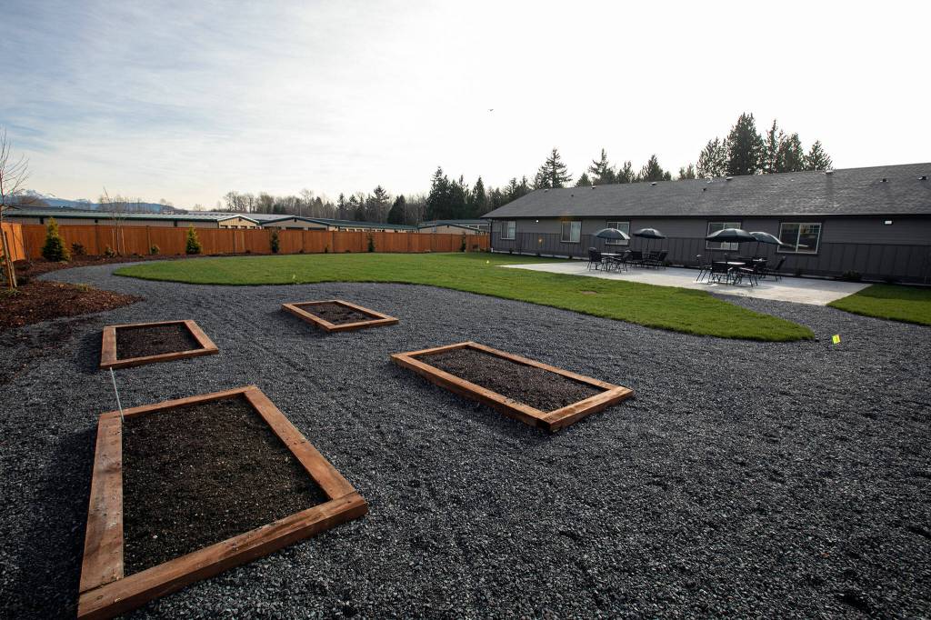 An outdoor space is seen Friday at the new Holman Recovery Center in Smokey Point. (Ryan Berry / The Herald)
