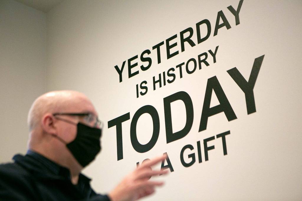 An inspirational sign is painted on a wall of the new Holman Recovery Center in Smokey Point. (Ryan Berry / The Herald)