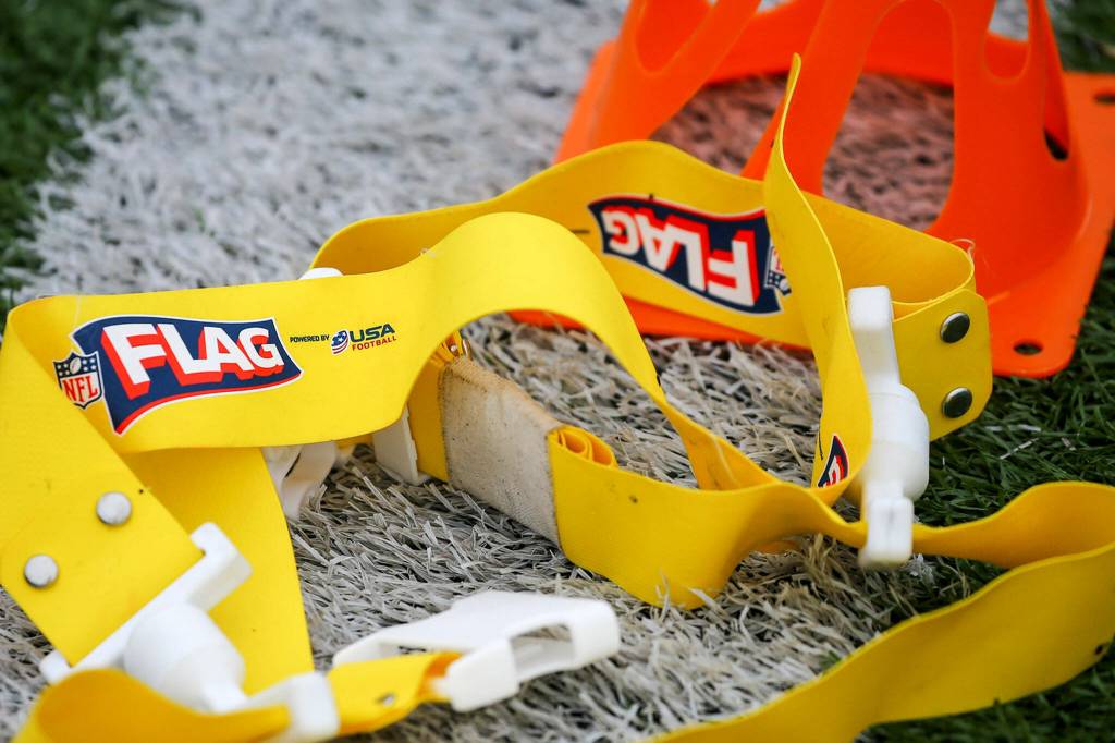 A flag football belt during practice Jan. 16 at Harbour Pointe Middle School in Mukilteo. (Kevin Clark / The Herald)