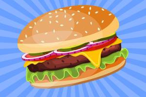 Hamburger with cheese, tomato and salad. Unhealthy food. Decoration for patches, prints for clothes, badges, posters, emblems, menus. Vector illustration in flat style