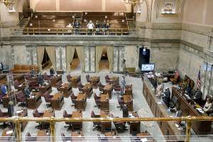 Members on the floor of the Washington State Senate stand during a moment of silence, Friday, Jan. 28, 2022, at the Capitol in Olympia, Wash., during a resolution honoring former state Sen. Doug Ericksen, R-Ferndale, who died on Dec. 17, 2021. (AP Photo/Ted S. Warren)