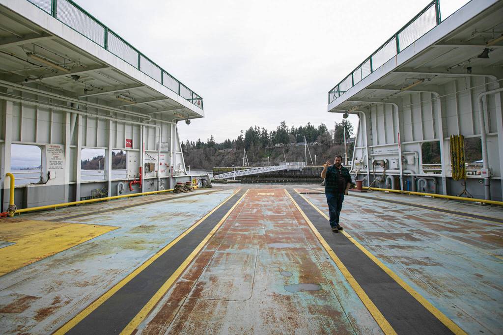 Bart Lematta discusses the potential of his ferry, which has about a half-acre of floor space. (Ryan Berry / The Herald)