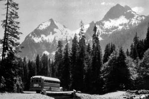 A bus drives toward the mountains near Camp Silverton in an undated photo.