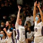The Lake Stevens bench reacts to a teammates three point shot against Kamiak Monday, Feb. 7, 2022, at Lake Stevens High School in Lake Stevens, Washington. (Ryan Berry / The Herald)