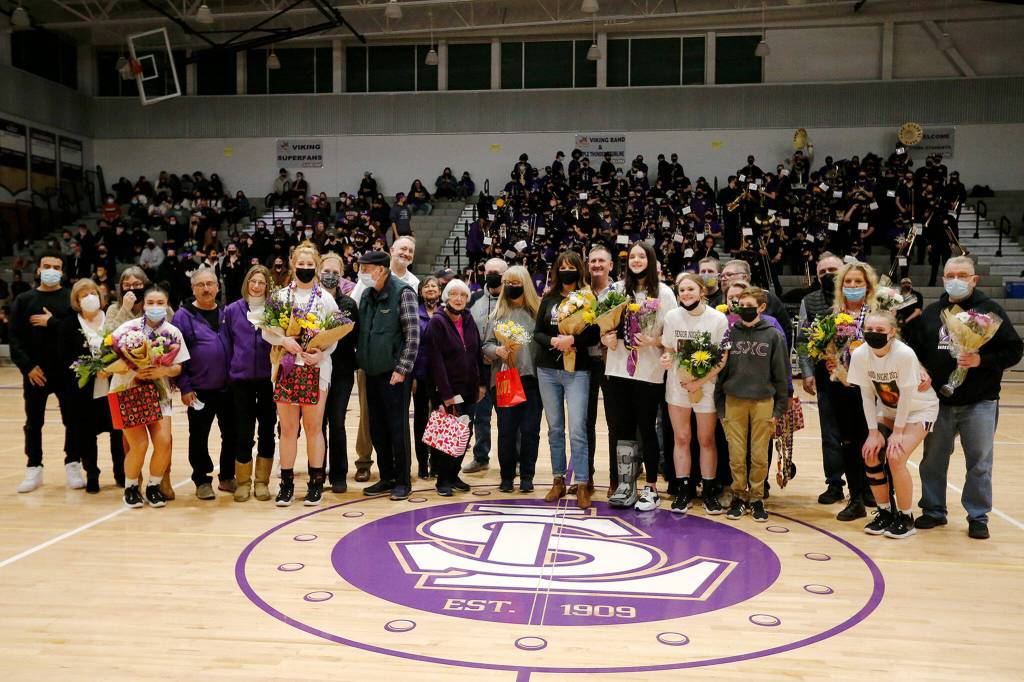 Lake Stevens seniors are introduced for Senior Night before their game against Kamiak Monday, Feb. 7, 2022, at Lake Stevens High School in Lake Stevens, Washington. (Ryan Berry / The Herald)